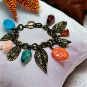 Autumn Charm Bracelet Vintage Fall Leaves Dangle Pebble Gems Dangle Statement